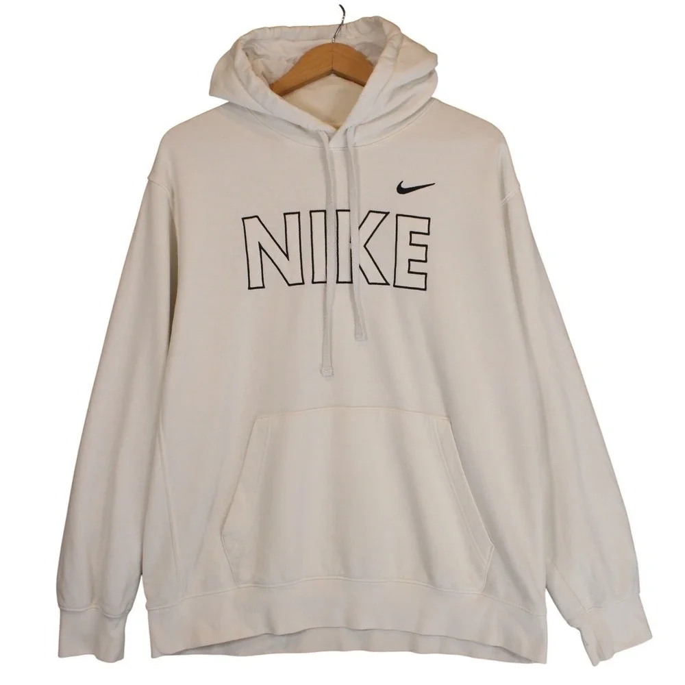 Nike Hoodie Mens XL Spellout Logo Off White Cotton Blend Streetwear Pullover
